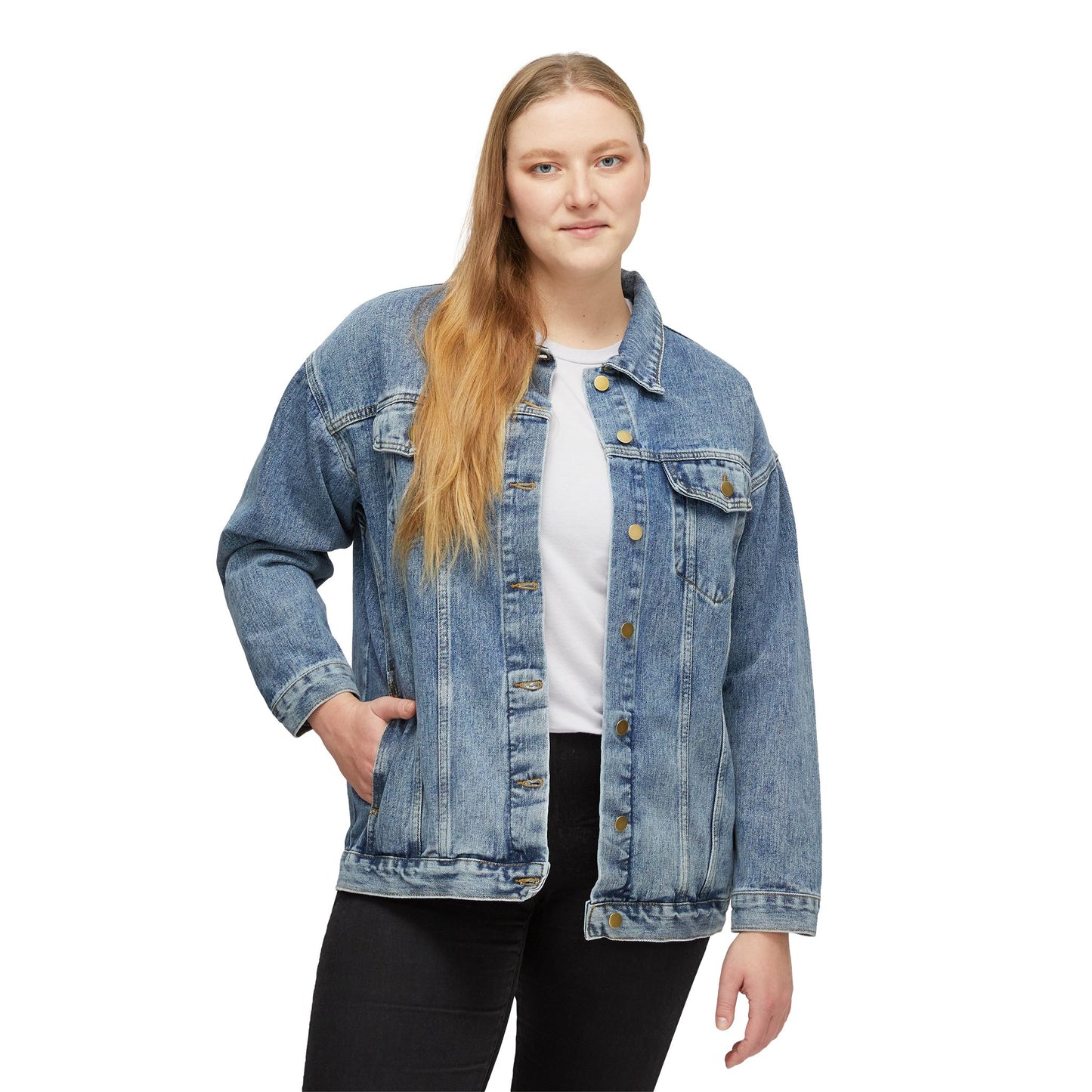 Women's Denim Jacket — Vintage Blue Oversized Jean Jacket with Subtle Back Script