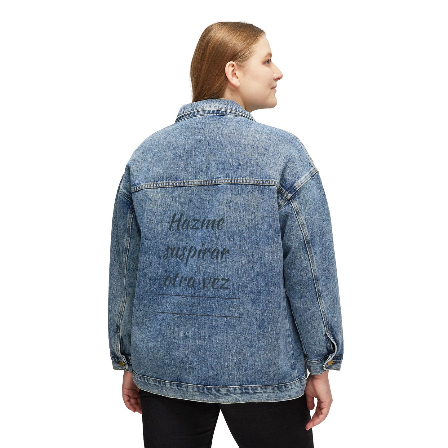 Women's Denim Jacket — Vintage Blue Oversized Jean Jacket with Subtle Back Script