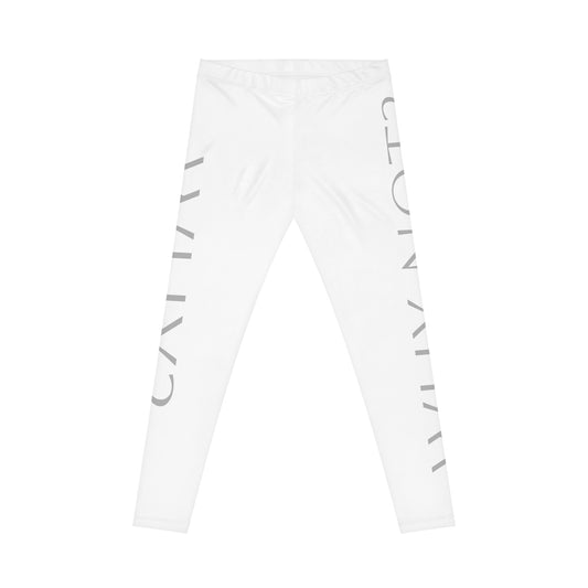 White 'WHY?' Side-Print Women's Leggings — Minimal Graphic Casual Leggings