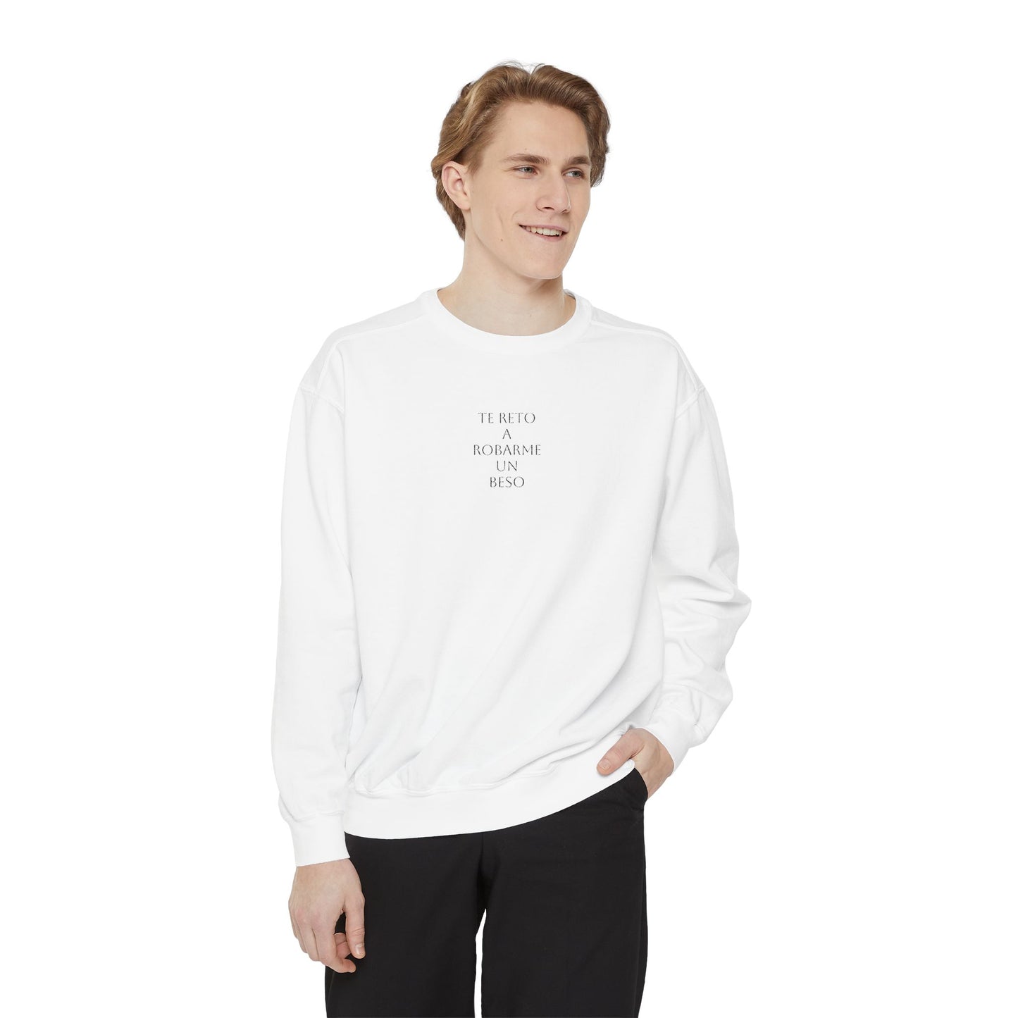 Minimalist 'Be Kind, Be Human' White Sweatshirt — Cozy Garment-Dyed Crewneck